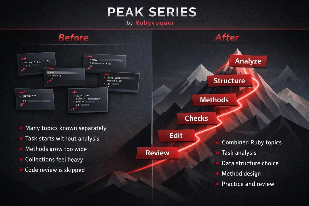 Comparison chart titled 'Peak Series' by Rubyvoguer showing a transformation from分散的Ruby知识到结构化的方法和检查.
