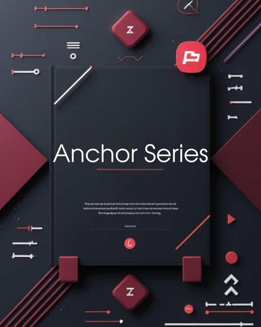 Product packaging for 'Anchor Series' with geometric design elements on a dark background