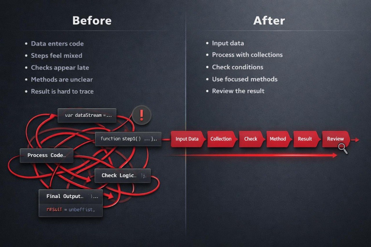 Comparison chart showing 'Before' and 'After' process flow diagrams with text and arrows on a dark background.