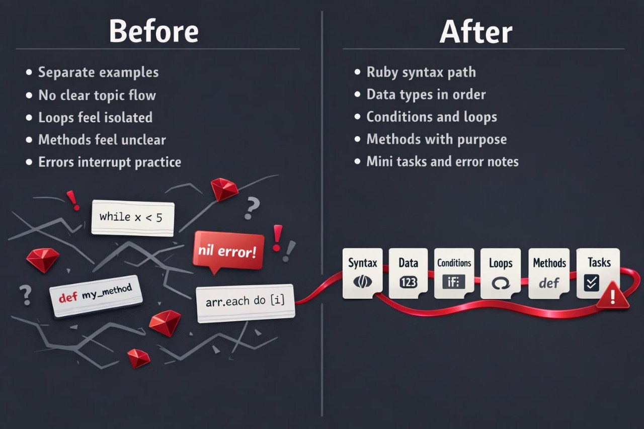 Before and after comparison of Ruby syntax path on a dark background with text and icons.