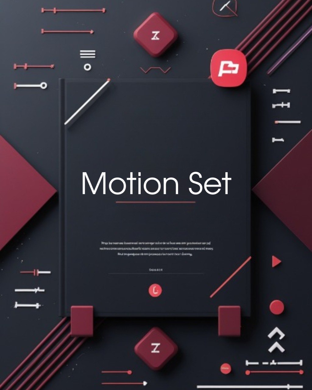Motion design set with geometric shapes and text on a dark background
