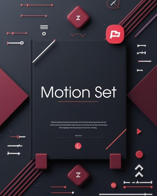 Motion design set with geometric shapes and text on a dark background