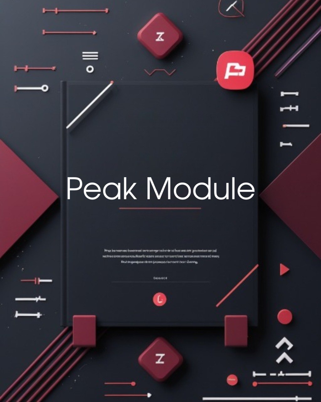 Design of 'Peak Module' with geometric shapes and icons on a dark background