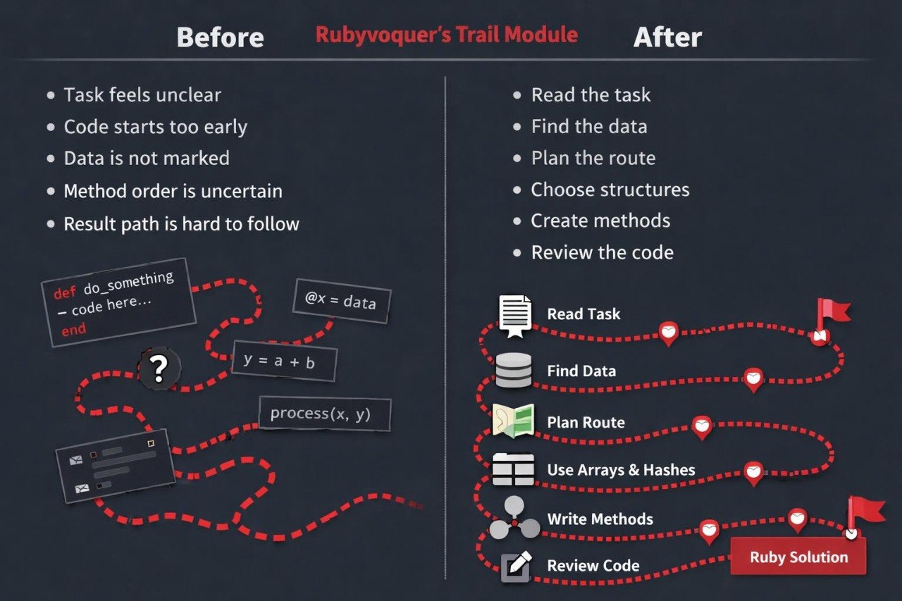 Comparison of Ruby programming tasks before and after using Rubyvoquer's Trail Module on a dark background.