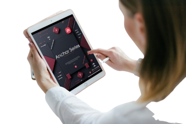 Person using a tablet with 'Anchor Series' app on a white background