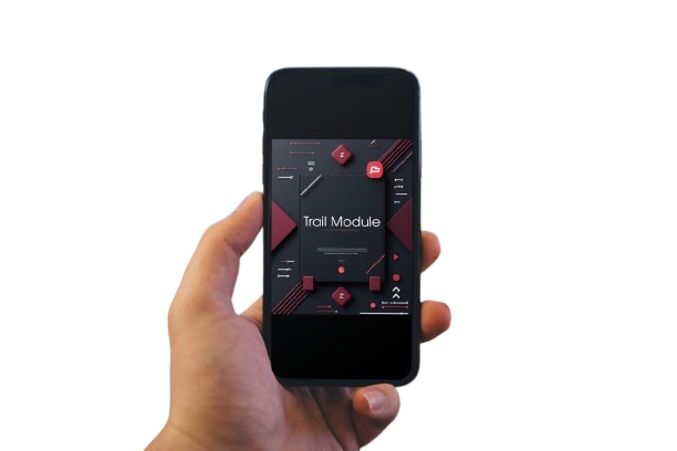 Hand holding a smartphone with a music app interface on a white background
